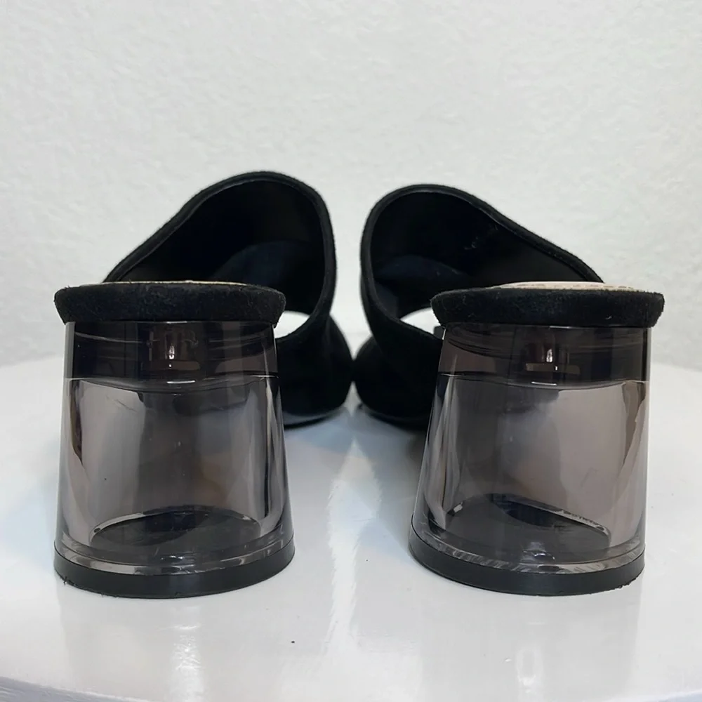 ZARA BLACK FAUX SUEDE SLIDE SANDALS LUCITE ROUND HEEL OPEN TOE MINIMALIST MULES - Picture 9 of 14